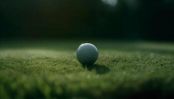 golf pelota en césped, club golpes, exitoso golpe corto en verde generado por ai foto