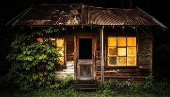 Old wood cottage, abandoned hut, rustic barn, spooky forest landscape generated by AI photo