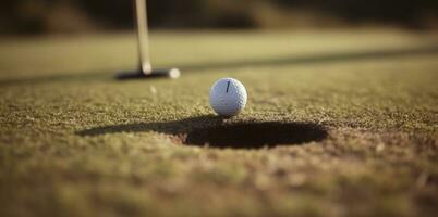 golf pelota en verde césped, atleta golpear con exactitud generado por ai foto