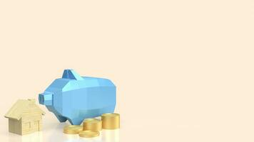 The blue piggy bank and gold coin for house saving concept 3d rendering photo