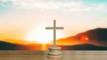 The cross on wood table for religion concept 3d rendering photo