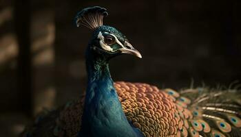 Majestic peacock displays vibrant elegance, beauty in nature multi colored portrait generated by AI photo
