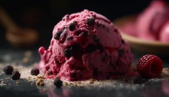 Homemade ice cream sundae with fresh berries on rustic wood generated by AI photo