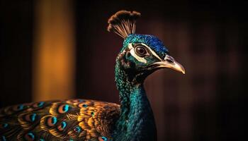 majestuoso pavo real muestra vibrante colores, exhibiendo belleza en naturaleza generado por ai foto