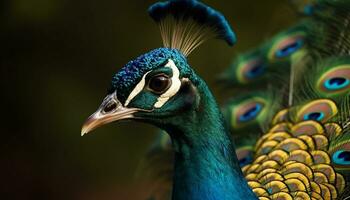 Vibrant peacock displays majestic beauty in nature multi colored canvas generated by AI photo