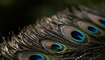 Peacock feather showcases vibrant elegance, beauty in nature colorful patterns generated by AI photo