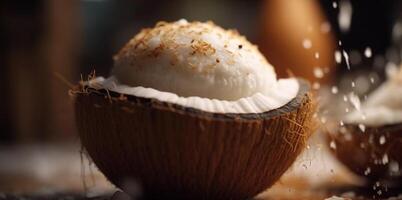 Fresco Coco en de madera mesa, un tropical verano gastrónomo bocadillo generado por ai foto