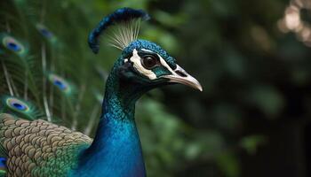 Majestic peacock displays vibrant colors in nature multi colored portrait generated by AI photo