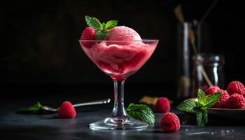 Fresh raspberry dessert with mint leaf on wooden table, refreshing summer cocktail generated by AI photo