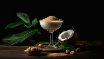 Fresh coconut milk in a glass, a tropical summer refreshment generated by AI photo