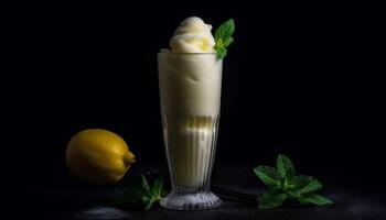 Refreshing summer cocktail with mint leaf, lemon, and ice cubes generated by AI photo