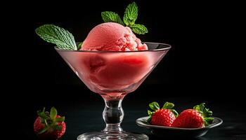 Freshness and sweetness in a bowl of strawberry ice cream generated by AI photo