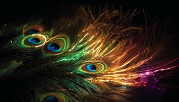 Vibrant peacock feathers showcase nature elegance in multi colored patterns generated by AI photo