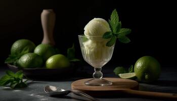 Freshness and sweetness in a citrus mojito on a wooden table generated by AI photo
