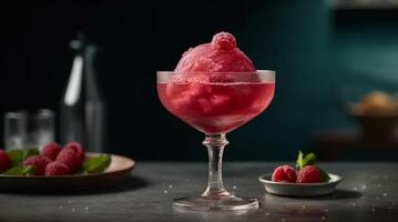 Fresh raspberry dessert on wooden table, a summer gourmet indulgence generated by AI photo