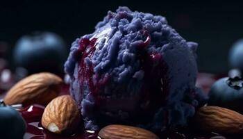 Fresh blueberries and raspberries on a wooden plate, a healthy snack generated by AI photo