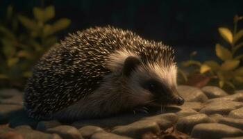 Cute hedgehog, small mammal, nature bristle, looking at camera generated by AI photo