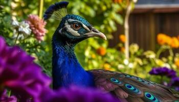 Majestic peacock displays vibrant colors in nature elegant portrait generated by AI photo