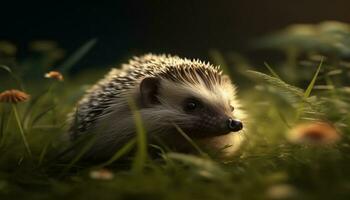 Cute hedgehog in the grass, looking at camera, small mammal generated by AI photo