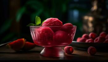 Fresh raspberry dessert on a wooden table, a summer gourmet delight generated by AI photo