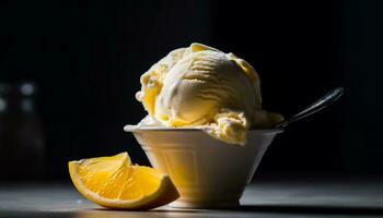 Refreshing summer dessert yellow fruit ice cream in a wooden cone generated by AI photo