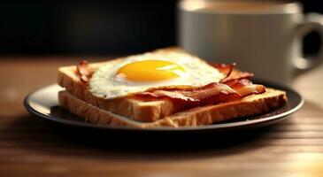 Freshly toasted bread with bacon, fried egg, and coffee for breakfast generated by AI photo