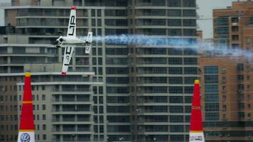 KAZAN, RUSSIAN FEDERATION, JUNE 14, 2019 - Pilot Matthias Dolderer, Red Bull Air Race World Championship 2019, training session, slow motion video