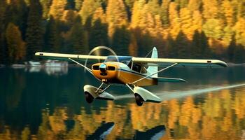 Flying seaplane over mountain range, reflecting beauty in nature generated by AI photo