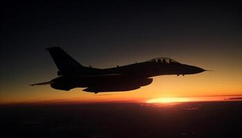 volador militar avión en puesta de sol cielo, armado efectivo escaparate poder aéreo generado por ai foto