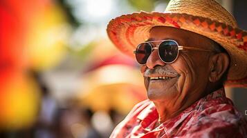 Old man using Colombia hat and sunglasses when celebrates Dia de la Raza. Generative AI photo