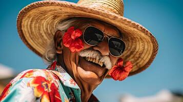 Old man using Colombia hat and sunglasses when celebrates Dia de la Raza. Generative AI photo