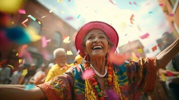 Happy face of Grandmother celebrate Dia de la Raza. Generative AI photo