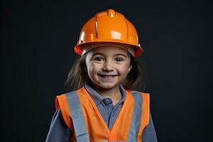 retrato de un sonriente pequeño niña en un construcción casco ai generado foto