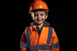 Portrait of a cute little boy in a construction helmet AI Generated photo