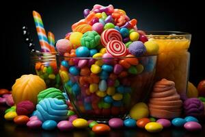 Ai Generated. Halloween candies and sweets on dark background photo