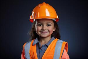 retrato de un sonriente pequeño niña en un construcción casco ai generado foto