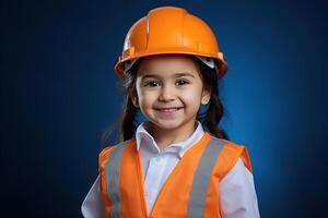 retrato de un sonriente pequeño niña en un construcción casco ai generado foto