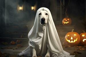 Halloween theme. dog in ghost costume with pumpkins on dark background AI Generated photo