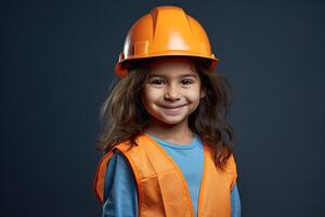 retrato de un sonriente pequeño niña en un construcción casco ai generado foto