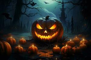 Halloween pumpkin head jack lantern with candles on dark background. Halloween concept AI Generated photo