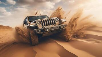 Photo of jeep driving in the desert. Generative AI