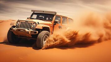 Photo of jeep driving in the desert. Generative AI