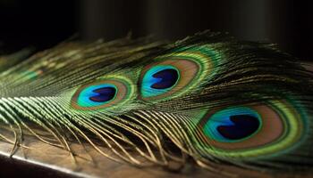 Vibrant peacock feathers showcase nature elegance and beauty in colors generated by AI photo