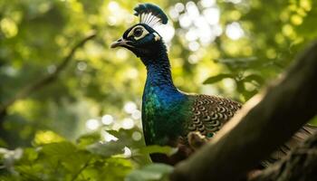 A vibrant peacock displays its majestic beauty in the wild generated by AI photo