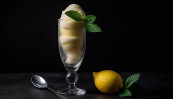 Fresh lemonade with mint leaf garnish on a wooden table generated by AI photo