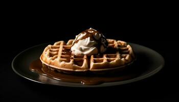 Freshly baked waffle stack with chocolate, fruit, and whipped cream generated by AI photo