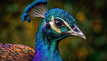 Majestic peacock displays vibrant colors in nature elegant portrait generated by AI photo