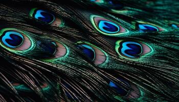 Vibrant colored peacock feather showcases nature beauty in abstract patterns generated by AI photo