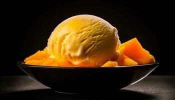 A refreshing scoop of frozen melon on a yellow bowl generated by AI photo