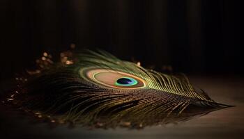 Vibrant peacock feather showcases elegance and beauty in nature generated by AI photo